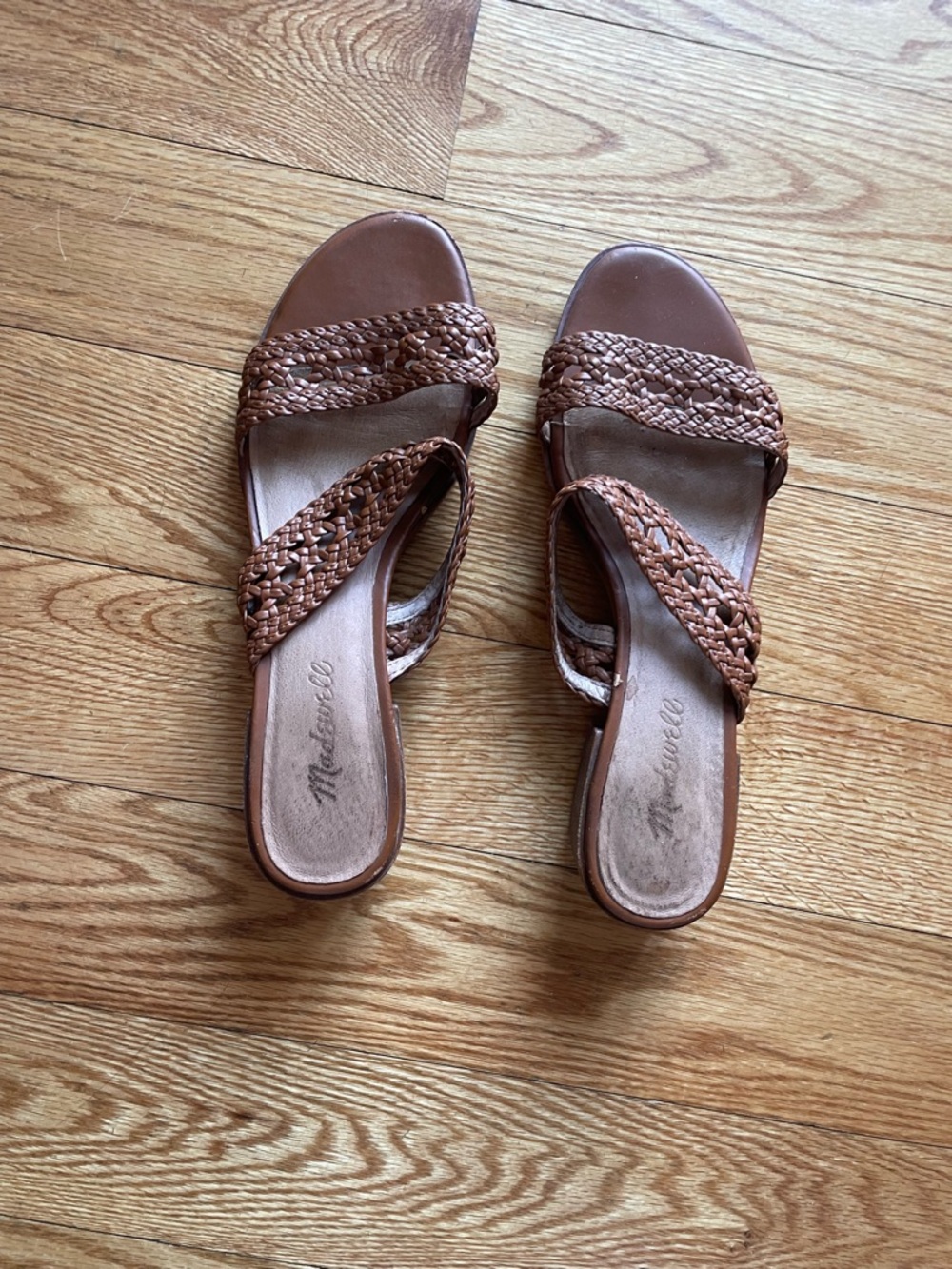 Madewell Brown Cane Braided Leather Slide Sandals